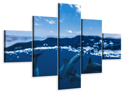 5-piece-canvas-print-between-air-and-water-with-the-dolphins