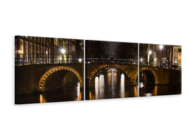 panoramic-3-piece-canvas-print-at-night-in-amsterdam